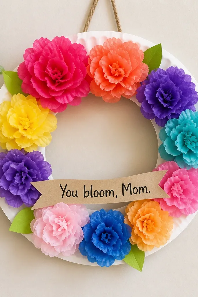 A circular wreath made from a white paper plate with cut-out center. Bright tissue paper flowers are glued around the rim, with a small banner that reads “You bloom, Mom.”