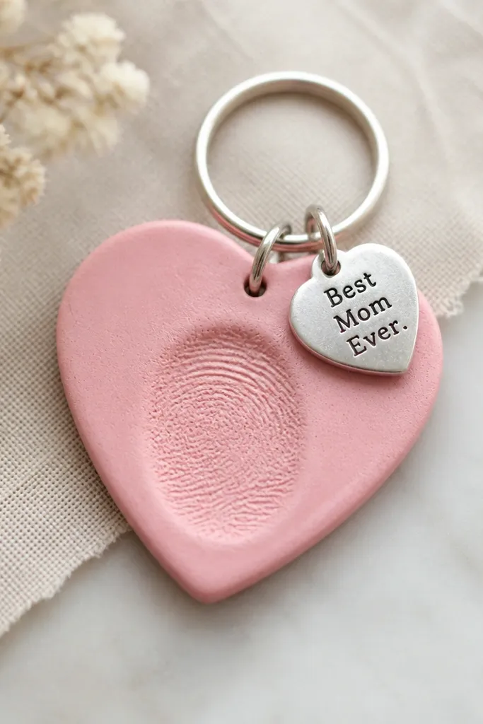 A small heart keychain made from craft foam or polymer clay-like material with a child’s thumbprint in the center. A silver mini charm attached at the top says “Best Mom Ever.”