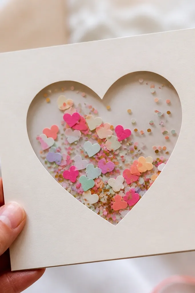 A greeting card with a clear plastic window. Inside is colorful confetti and tiny paper hearts. The shaker effect is visible as the pieces move when the card is tilted.