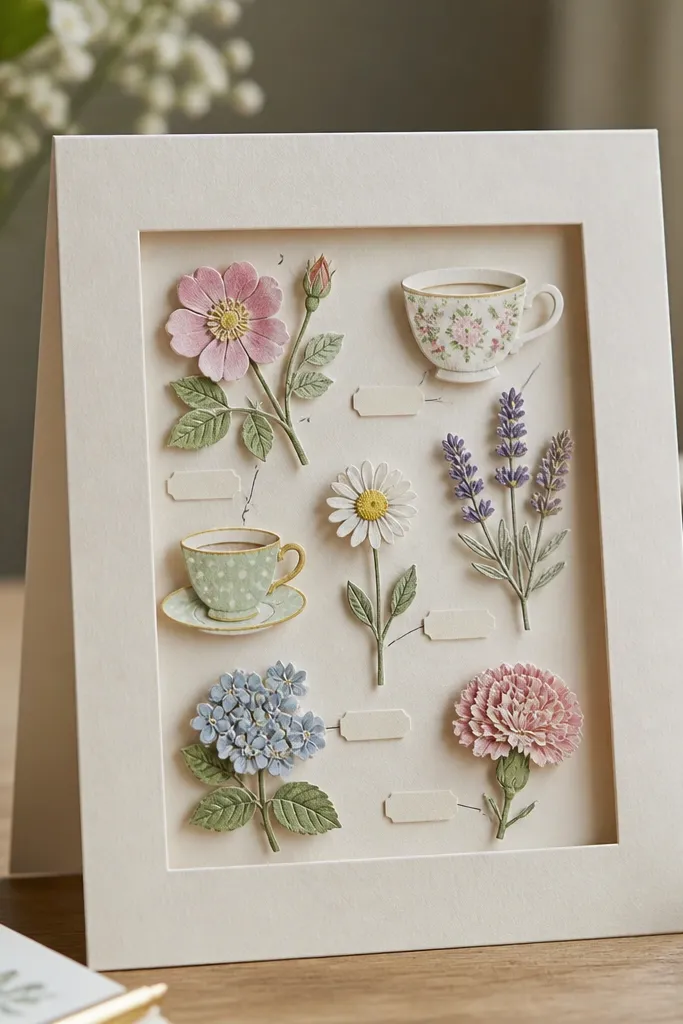 A small cardstock photo frame on a desk. Inside are neatly arranged cutouts of flowers, tea cups, and tiny handwritten labels pointing to each item.