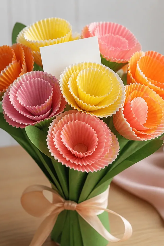 A bouquet made from stacked cupcake liners shaped into flowers. Pops of yellow, pink, and orange liner petals sit on a green paper stem base, with a small note tucked into the center.