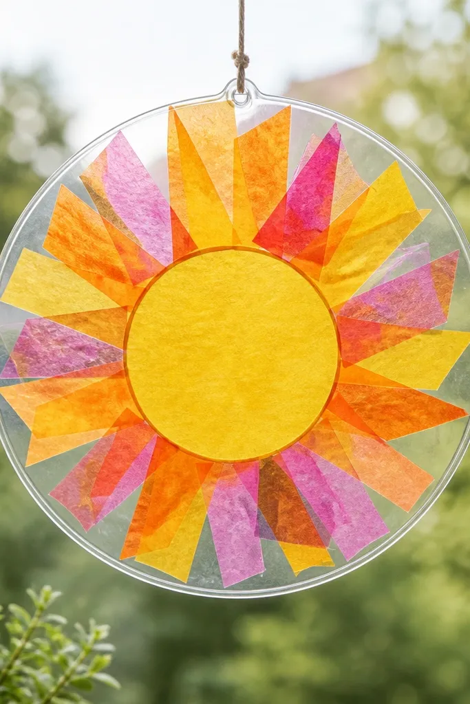 A window cling-style sun catcher made on clear plastic. A yellow paper sun and handwritten message sit behind tissue paper rays, glowing against the light.