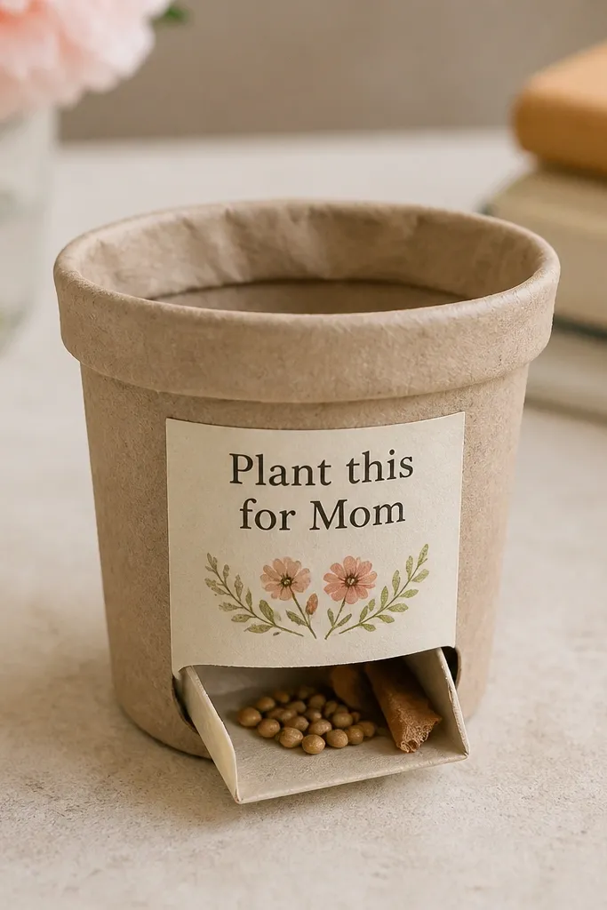 A tiny paper plant pot on a flat surface. A label reads “Plant this for Mom,” and a small packet-like opening shows seeds tucked inside with a bit of soil-colored paper stuffing.
