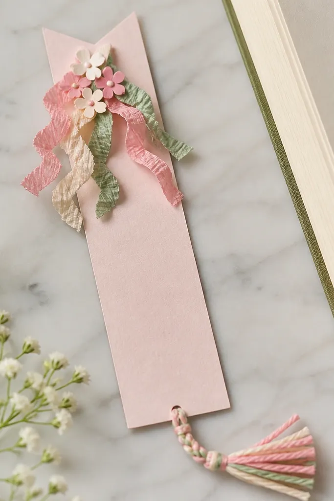 A long bookmark made from cardstock with a banner top. Crepe paper streamers and tiny flower cutouts decorate the top, with a braided tassel at the bottom.