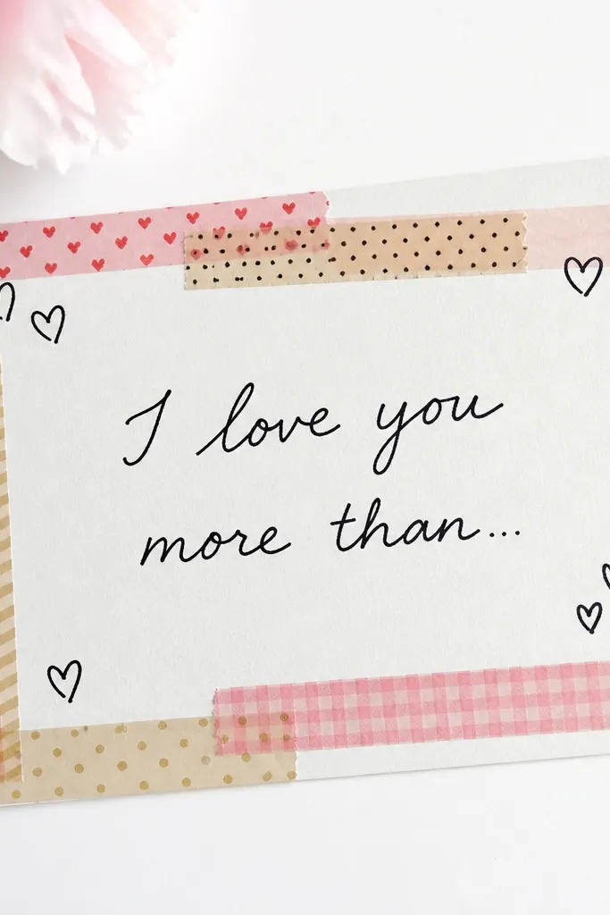 A clean, modern card with a white background. Layered washi tape forms a frame, with handwritten “I love you more than...” across the center and small doodle hearts in the corners.