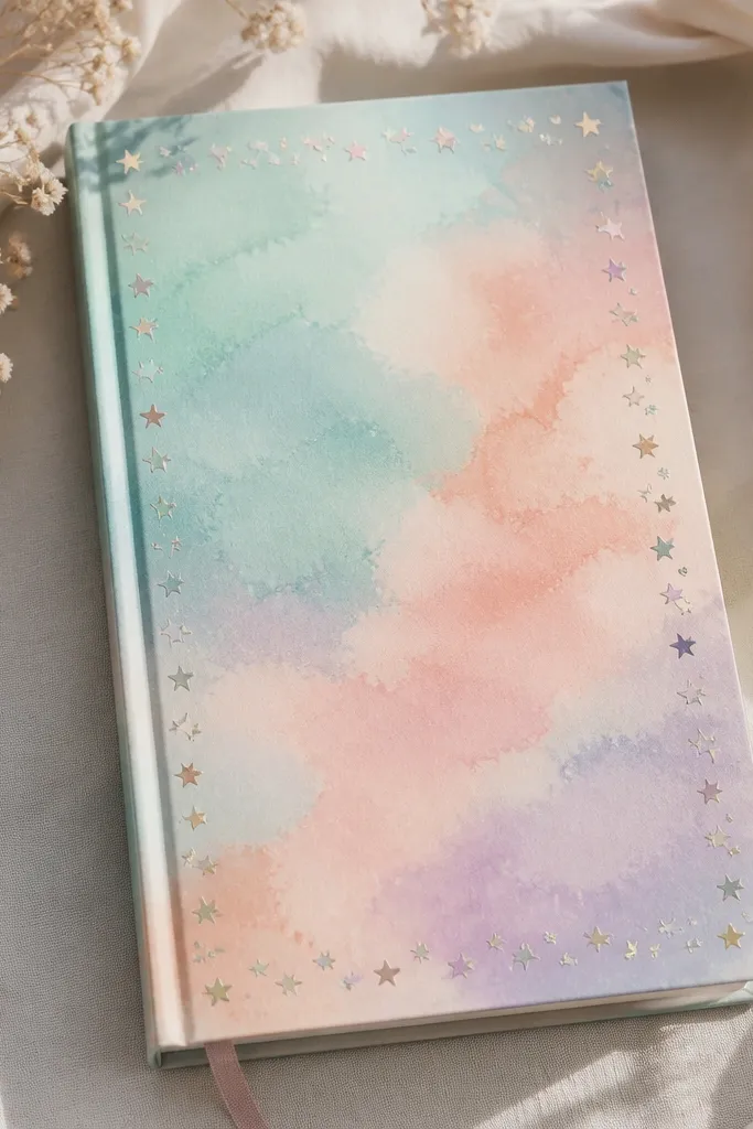 A diary cover with a dreamy watercolor-like pastel wash (mint, peach, pale lavender) and a thin border of small star stickers along the edges.