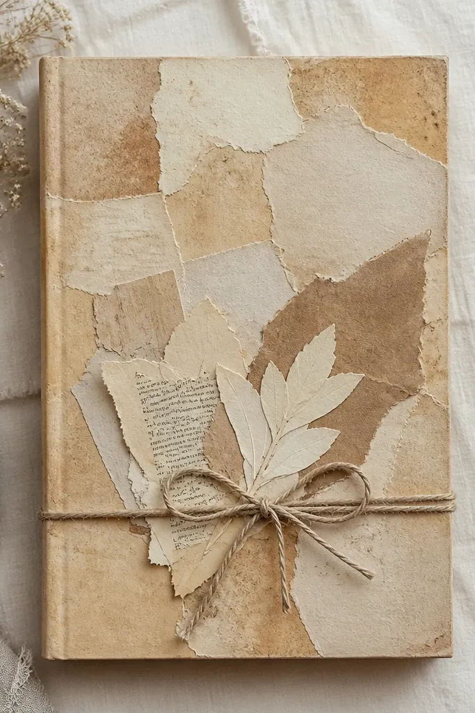 A cover covered in torn vintage paper scraps, with a small cluster of book-page cutouts and a neat twine bow tied near the bottom center.