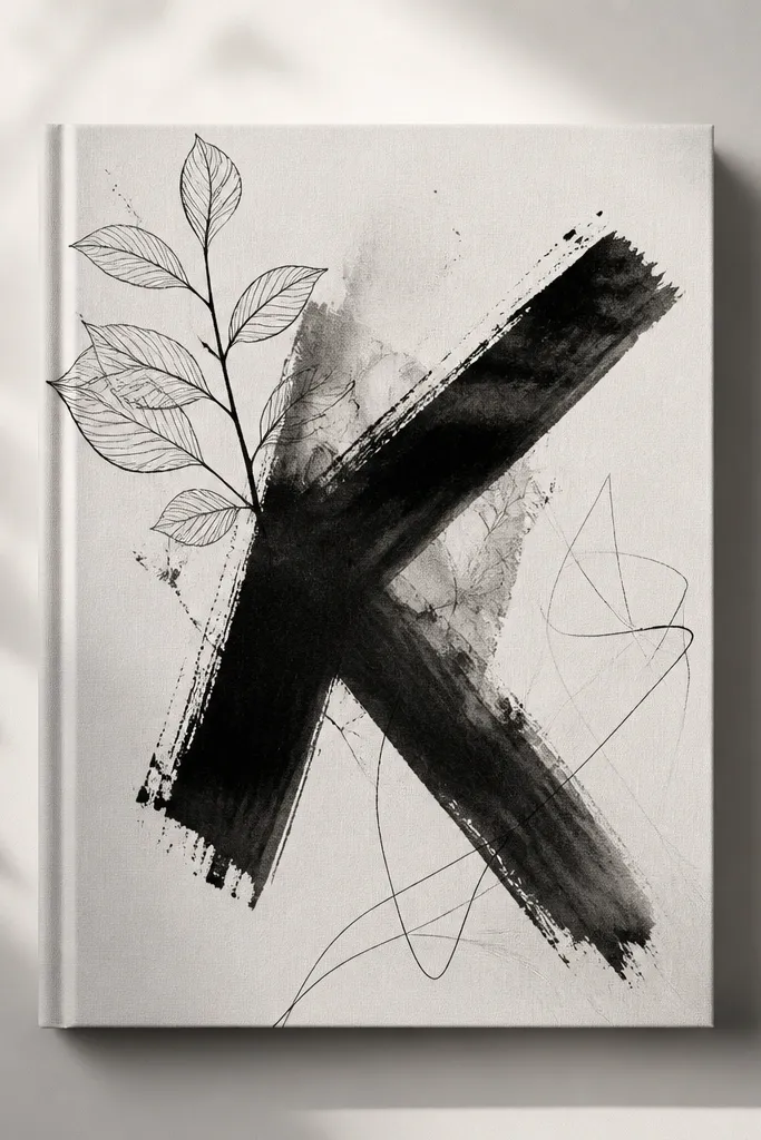 A black-and-white cover featuring thin line art of leaves and an abstract sketch, with bold uppercase typography made from black paint-wash strokes.