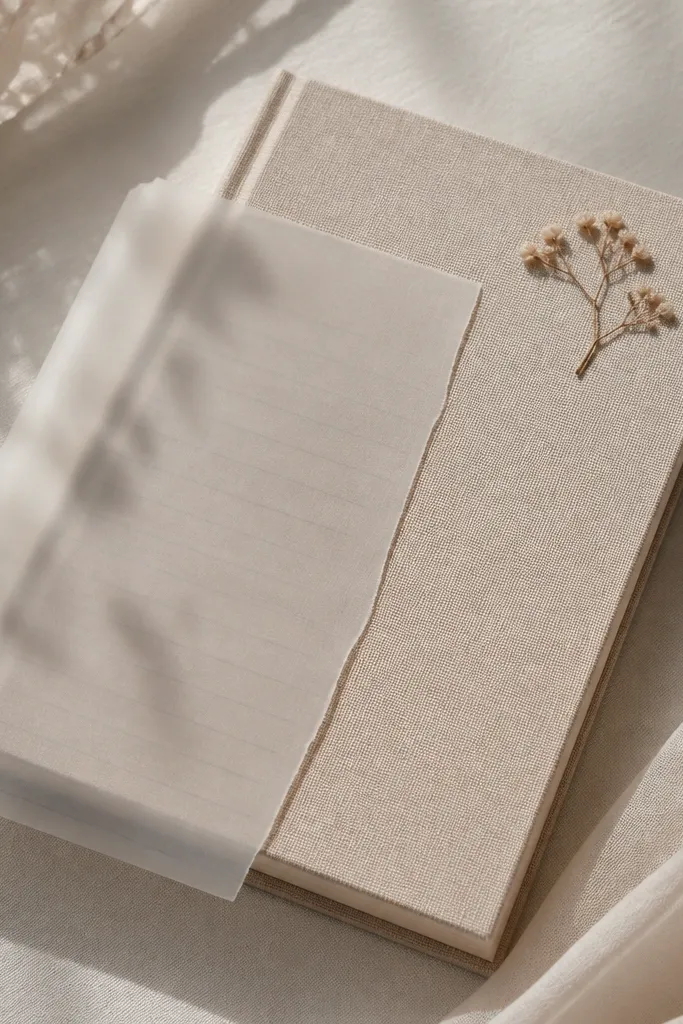 A diary cover with a small pressed flower in the top-right corner, and a semi-transparent vellum sheet layered over part of the cover with faint printed lines beneath.
