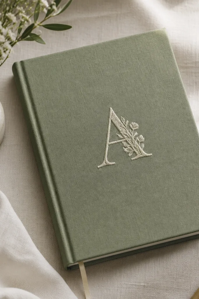 A sage green fabric-wrapped diary cover with a single embroidered initial in a contrasting off-white thread centered on the front.