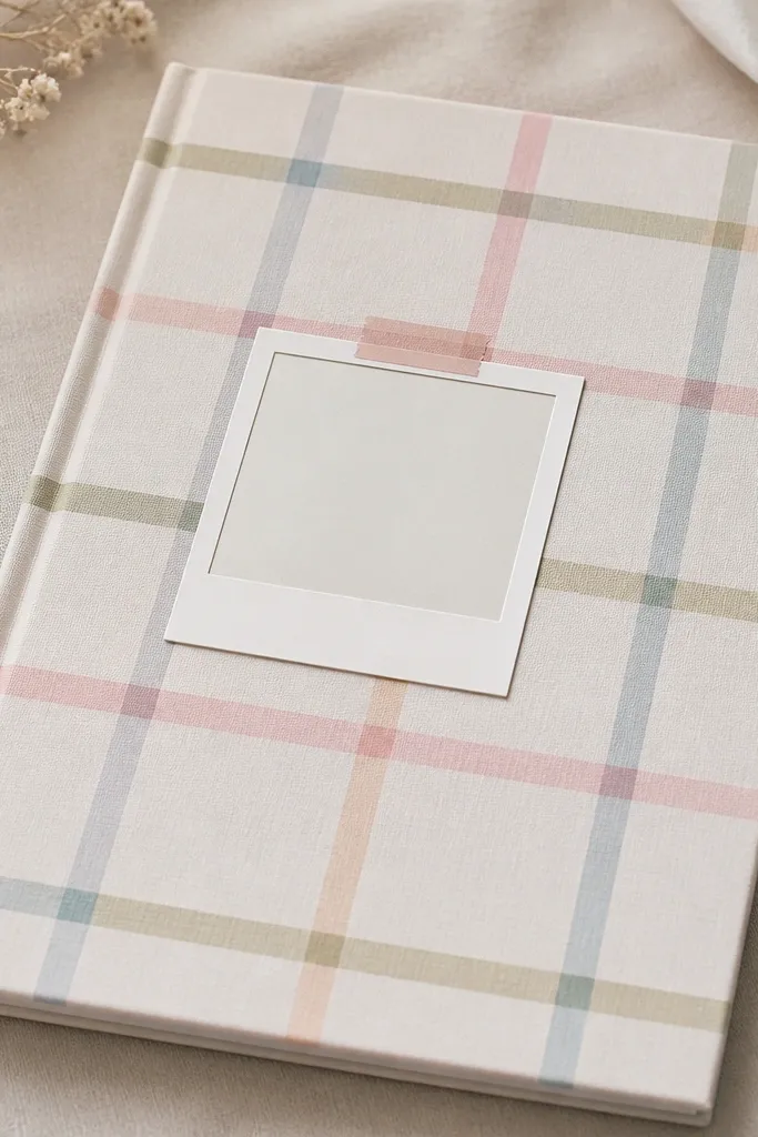 A cover with a neat washi tape grid pattern in soft pastels, plus a small faux polaroid frame near the center containing a blank or handwritten photo label.