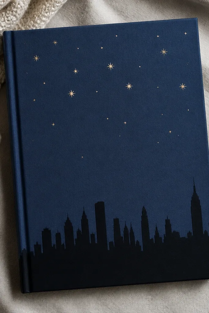 A navy cover featuring a black skyline silhouette along the bottom and scattered tiny star shapes in metallic foil near the top.