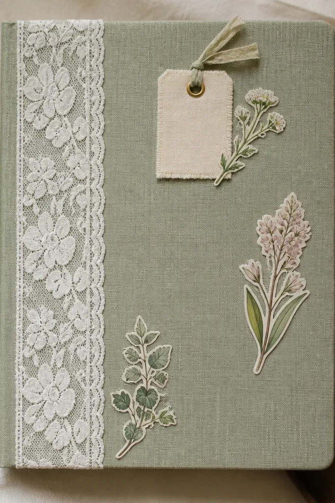 A diary cover with a lace rectangle on the left, a small fabric or paper garden tag near the top, and botanical stickers scattered lightly.