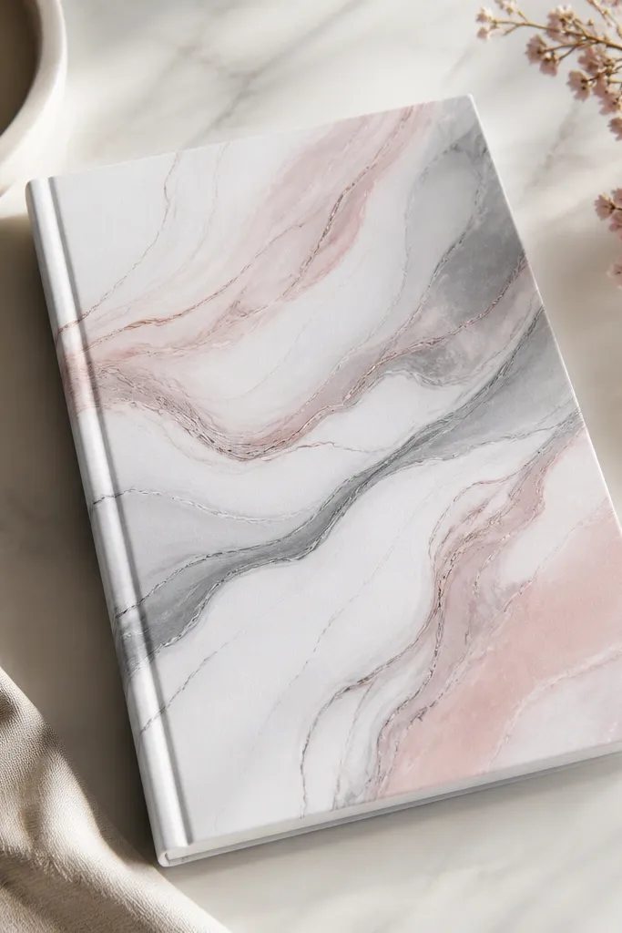 A modern marble-effect cover with swirled white, blush pink, and soft gray streaks, plus a simple centered title in black.