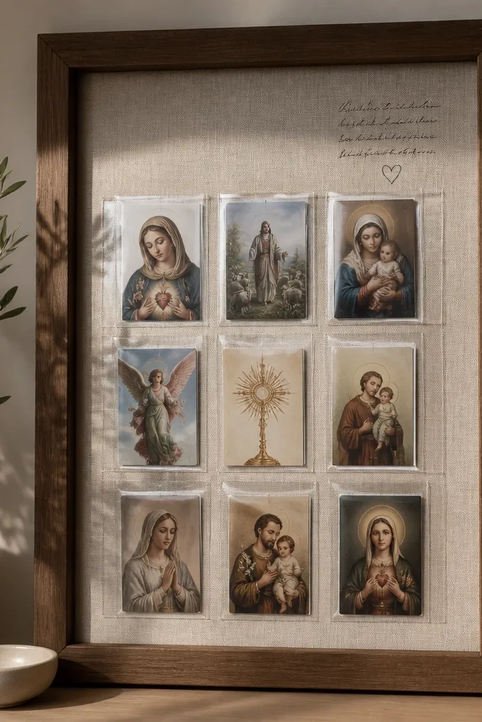 A large wooden picture frame with a linen backing. Inside are pockets made from clear photo sleeves holding prayer cards, with a handwritten verse in the top corner.