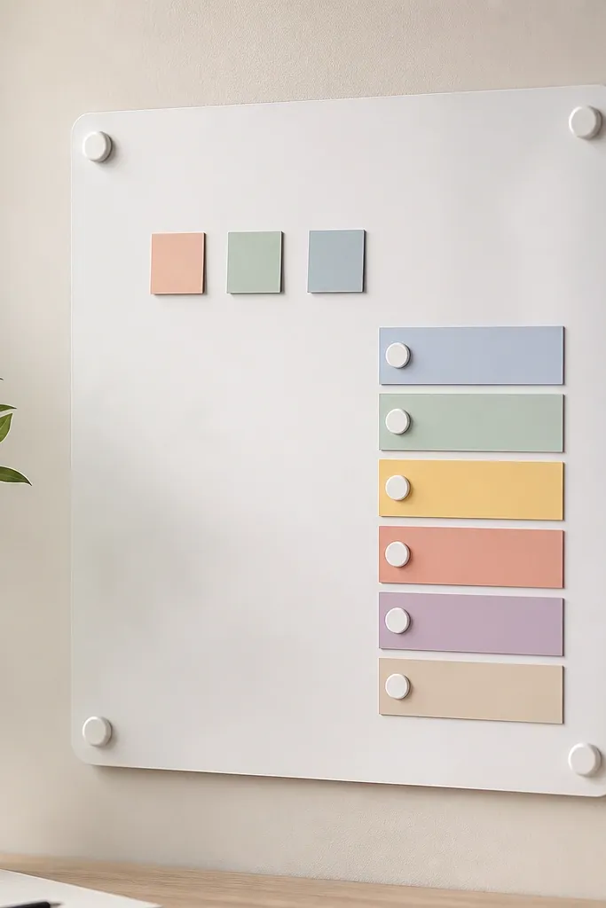 A smooth white metal sheet mounted on a wall with rounded magnets. A “Today” section holds three small magnetic word tiles and a list of prayer topics in colorful blocks.