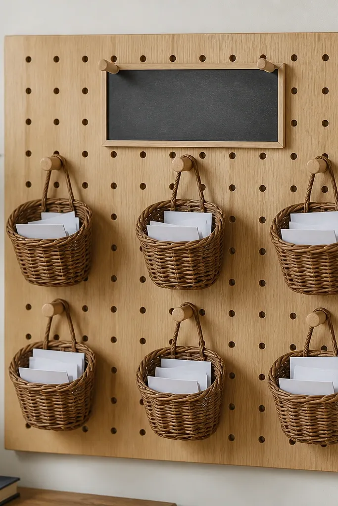 A light wood pegboard mounted on a wall. Tiny baskets hang from pegs holding folded prayer requests, and a small chalkboard label reads “Week of Prayer.”