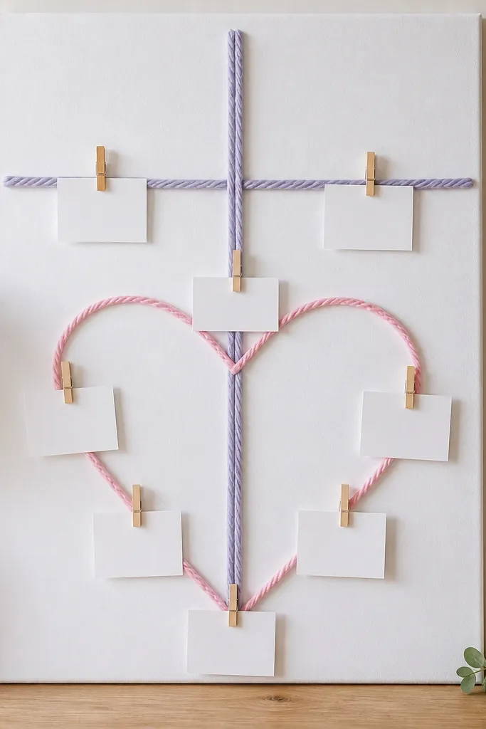 A white foam board covered with pastel yarn lines forming a cross and a heart. Mini clothespins clip verse cards along the yarn path.
