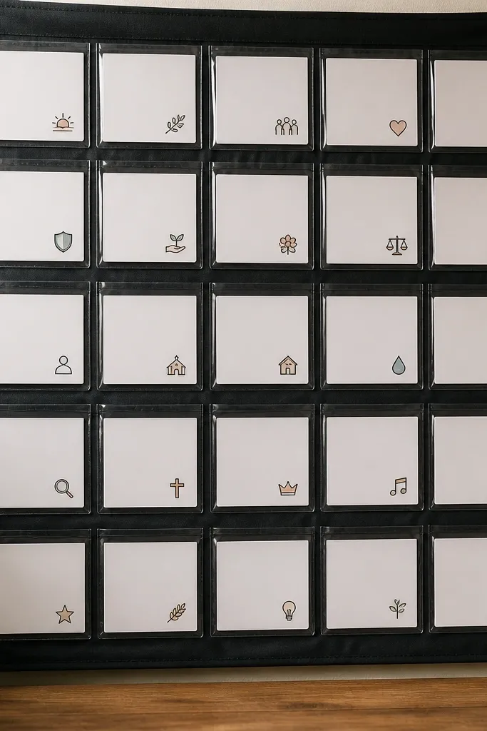 A black backing board with a grid of clear plastic pockets. Each pocket contains a laminated card with a short prayer prompt and a tiny icon in the corner.