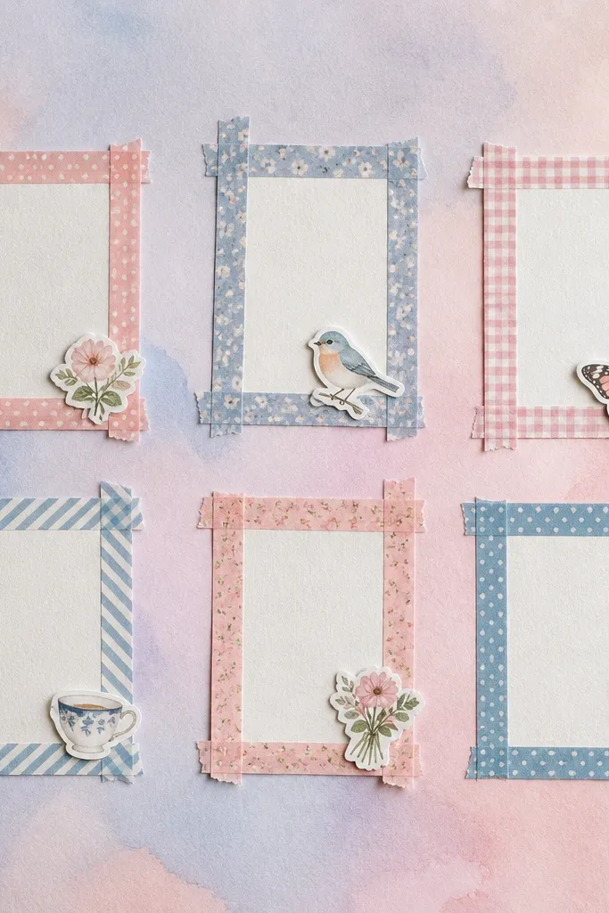 A pastel watercolor background (soft blues and pinks) with neat rectangles framed in washi tape. Inside each frame is a small printed verse and a tiny decorative sticker.