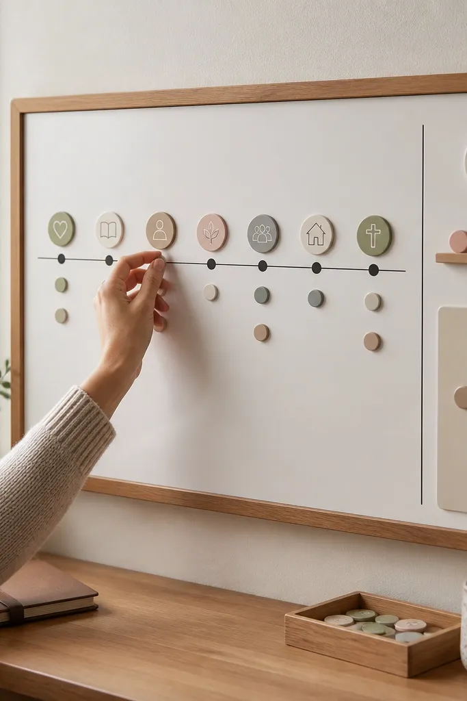 A board with a horizontal timeline labeled Mon-Sun. Small magnetic circles and icons move across the days, with a “Answered prayers” section on the right.