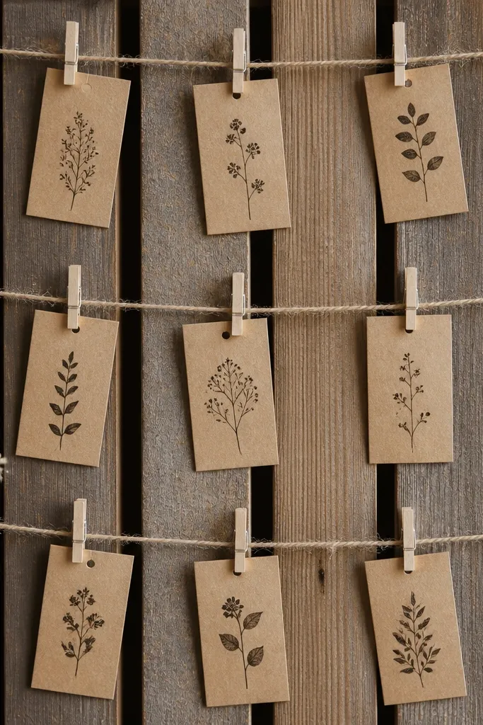 A rustic set of vertical wood slats. Twine lines stretch across the slats, and small kraft tags hang from them with printed verse snippets.