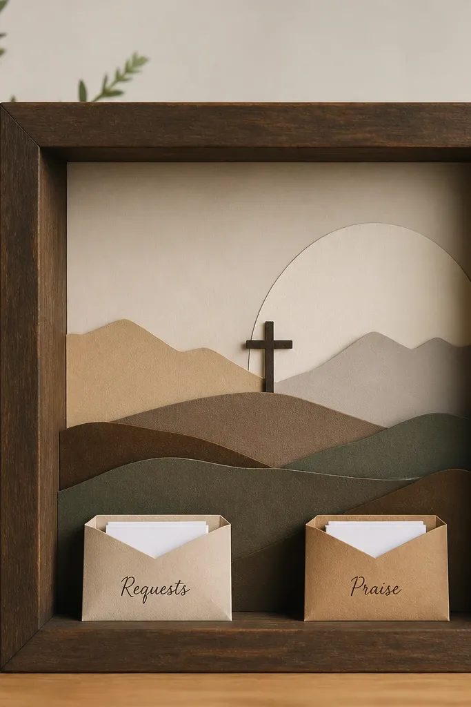 A deep shadow box display with layered paper hills and a small cross silhouette. Tiny envelopes labeled “Requests” and “Praise” sit on the bottom layer.