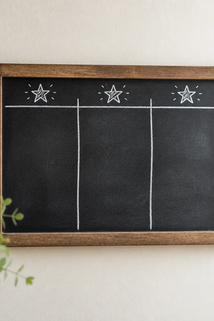 A small framed chalkboard mounted on a wall. The board has three columns drawn with chalk: “Praise,” “Pray,” “Trust,” with small doodles of stars.