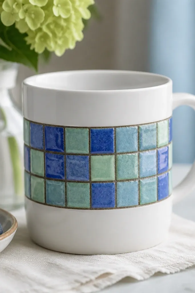 A white mug wrapped with a small mosaic band of blue and seafoam tile squares, arranged like a grid, with grout-dark lines and a glossy finish.