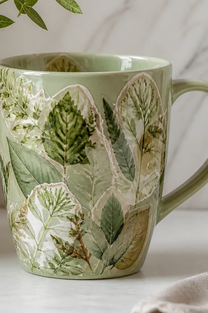 A light green ceramic mug covered with layered botanical cutouts, with visible collage edges that look like vintage wallpaper under a glossy clear glaze.