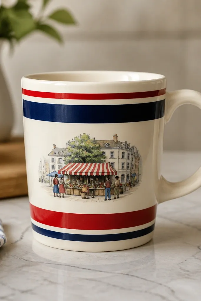A cream mug with bold red and navy striped bands and a small illustrated market scene centered on the side, crisp edges and glossy finish.