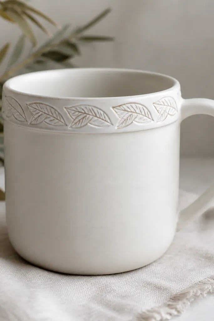 A simple white mug with a thin raised clay band near the rim, carved with delicate leaf lines, like a carved stamp repeating around the circumference.