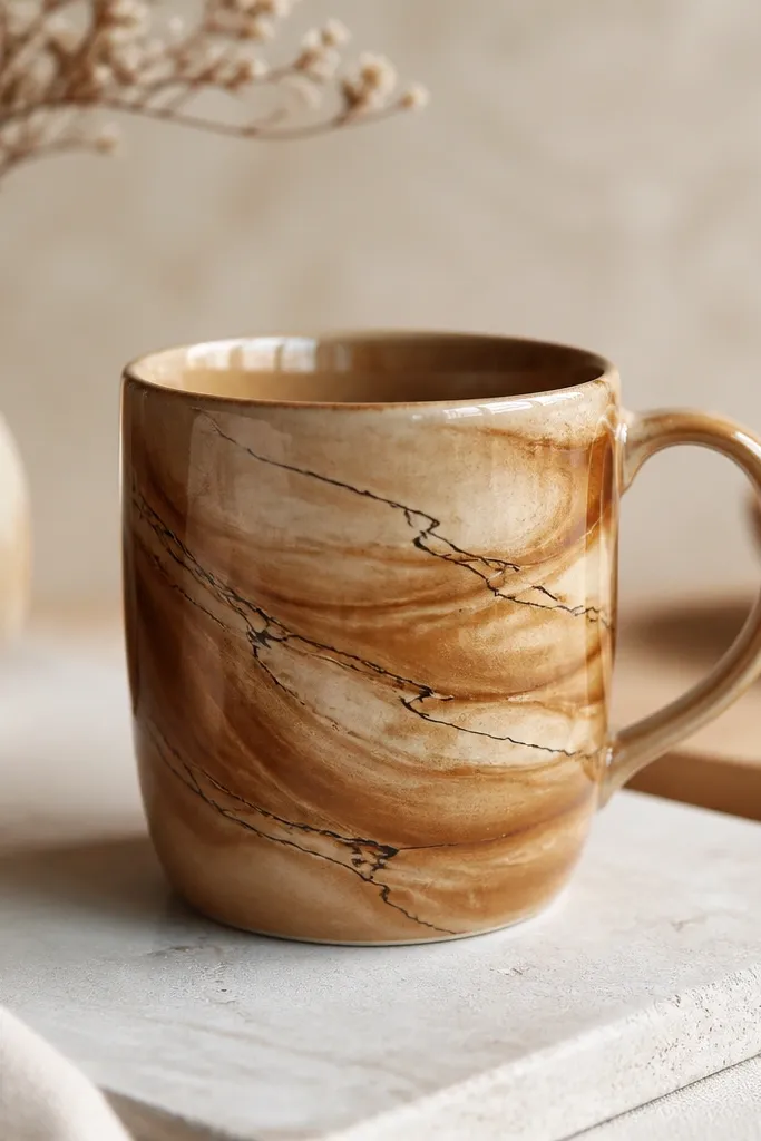 A warm beige mug with swirling darker brown marbling and thin darker ink lines that look like resist patterns, glossy and smooth.