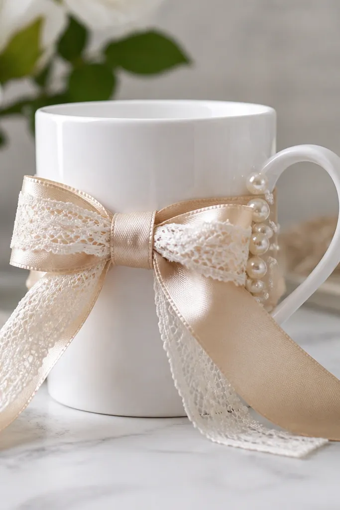 A white mug wrapped with a layered ribbon bow - lace on top of a satin strip - with tiny pearl-like dots clustered near the handle.