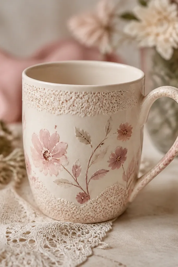 A cream mug with delicate floral shapes painted in soft blush and dusty rose, with lace pattern edges that look like a doily stamped effect.