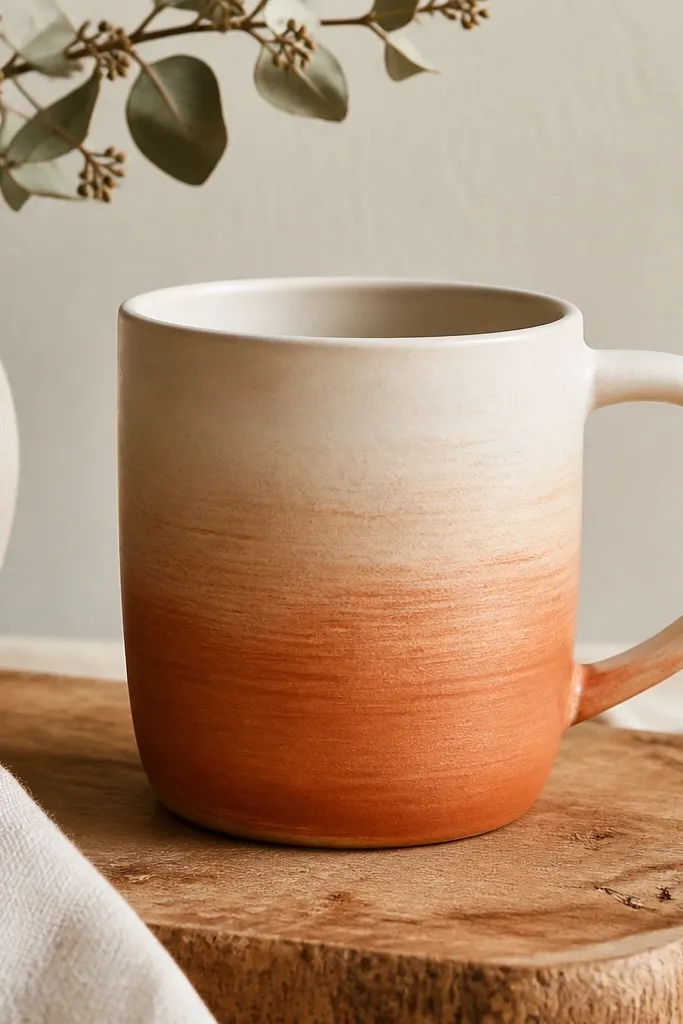 A mug with a smooth ombre from warm terracotta at the bottom to creamy white near the handle, with subtle brush texture.