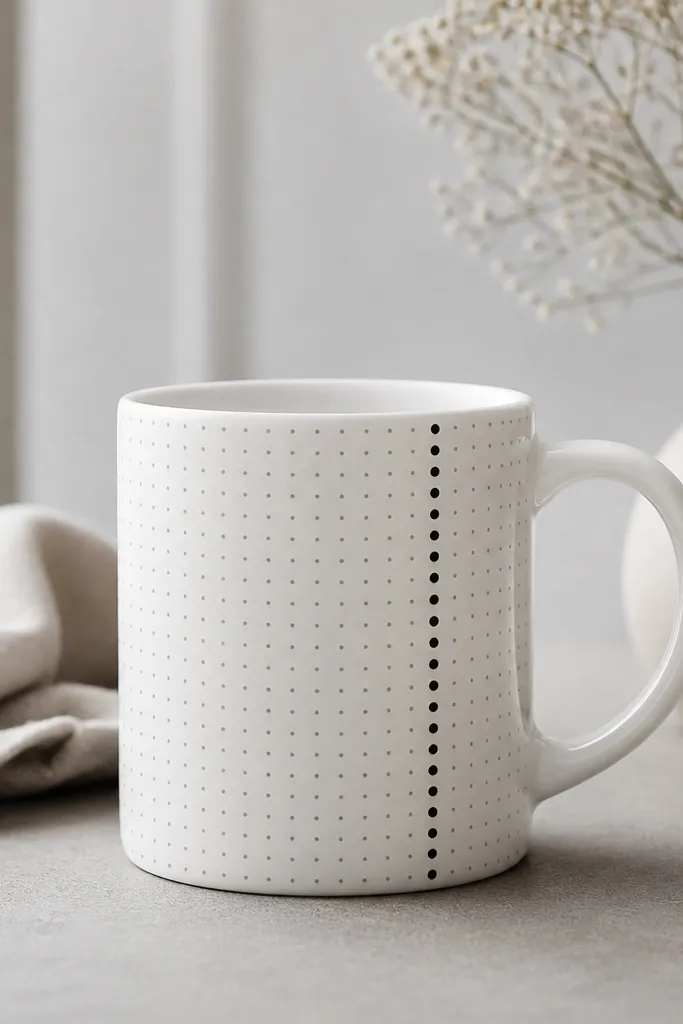 A white mug covered in evenly spaced tiny dots forming a subtle grid, with one vertical stripe of darker dots near the handle.