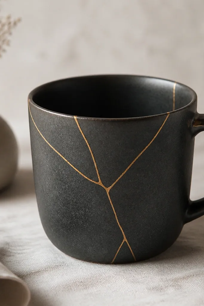 A mug with visible repaired hairline cracks highlighted with metallic gold lines, while the rest of the ceramic is a muted charcoal glaze.