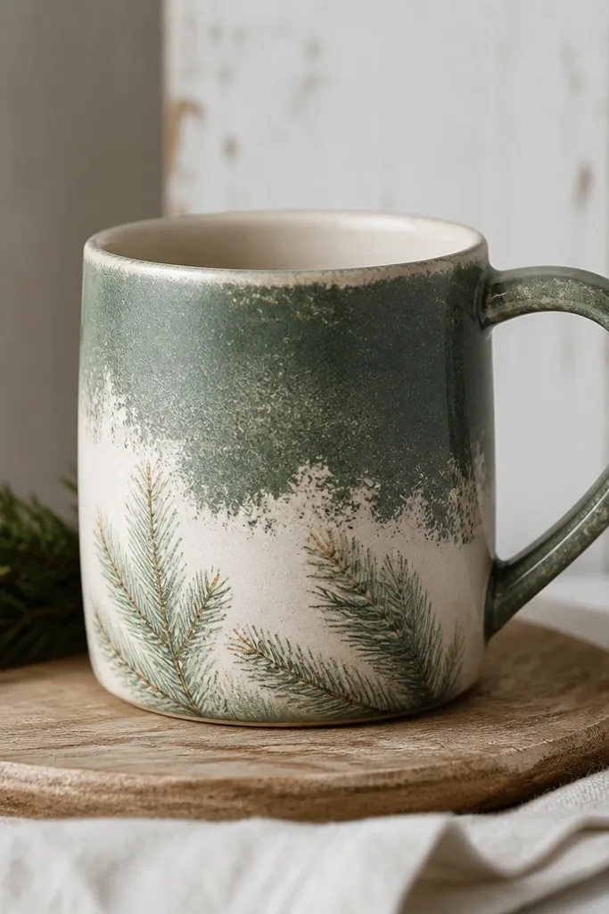 A mug with a muted green top layer and lighter areas where wax resisted paint, creating worn edges like a farmhouse sign, with tiny painted pine sprigs.