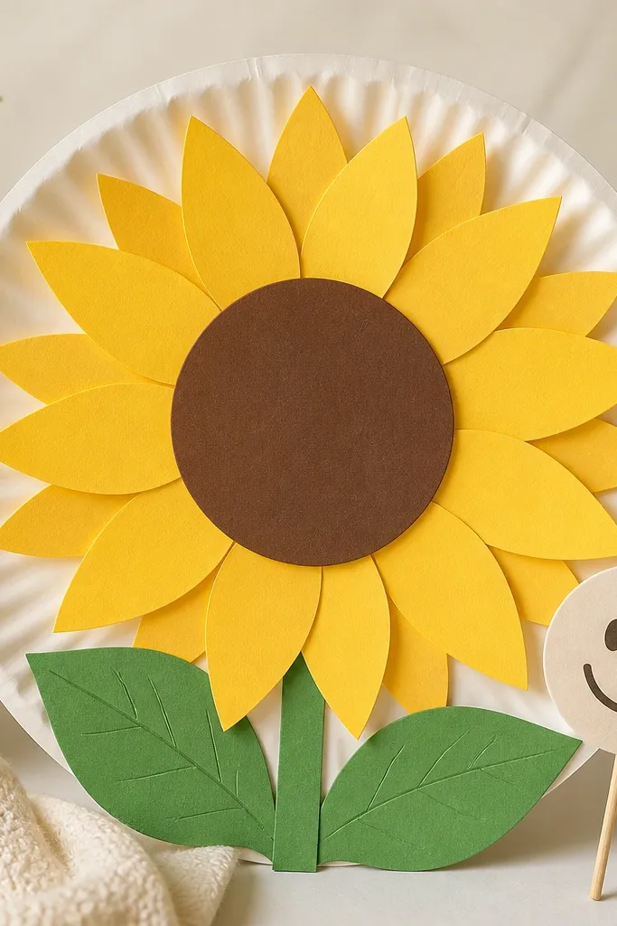 A craft board made from a paper plate background with layered sunflower petals cut from yellow construction paper and a brown center circle, with green paper leaves and a smiling face on a small sign.
