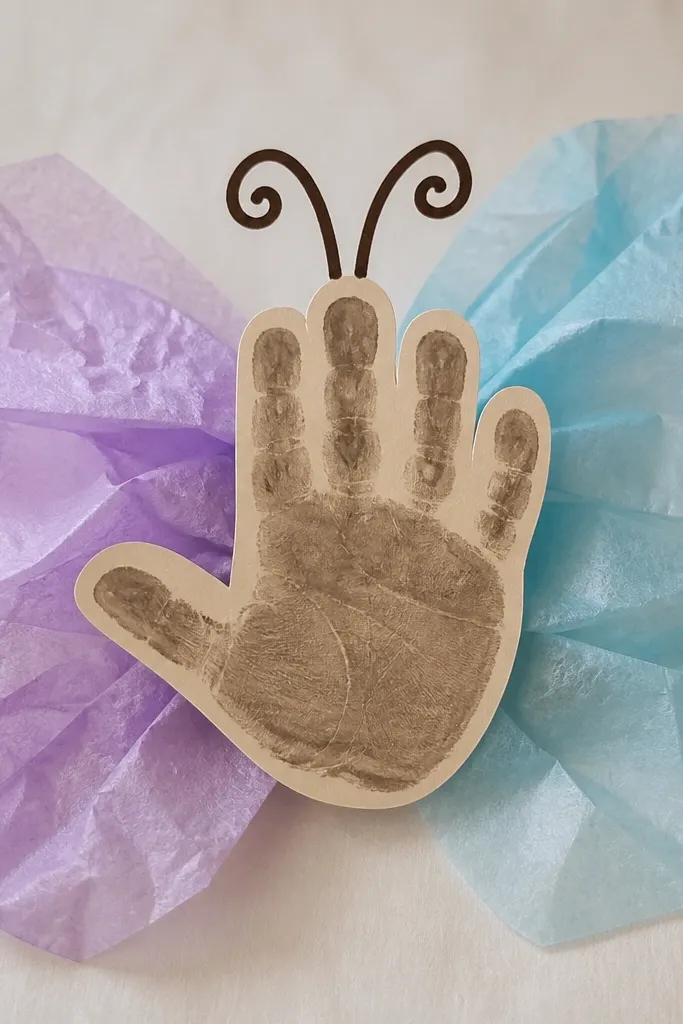 A butterfly craft with two tissue paper wings in soft lavender and blue behind a centered handprint body and marker-drawn antennae, photographed close-up for texture.