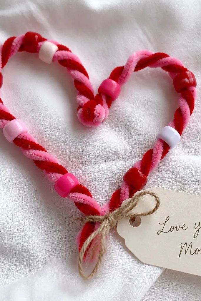 A heart made from twisted red and pink pipe cleaners with chunky beads spaced along the curve, laid on a white cloth with a small tag reading “Love you, Mom.”