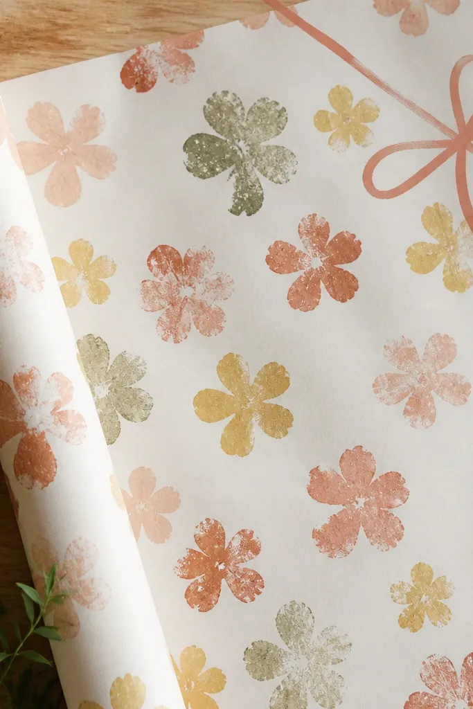 A roll of homemade wrapping paper or a sheet of paper covered in sponge-stamped flower shapes in coordinated colors, with a simple bow illustration in the corner.