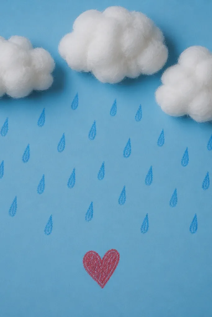 A blue cardstock scene with fluffy cotton ball clouds at the top and crayon-drawn raindrops falling down, plus a small heart near the bottom.