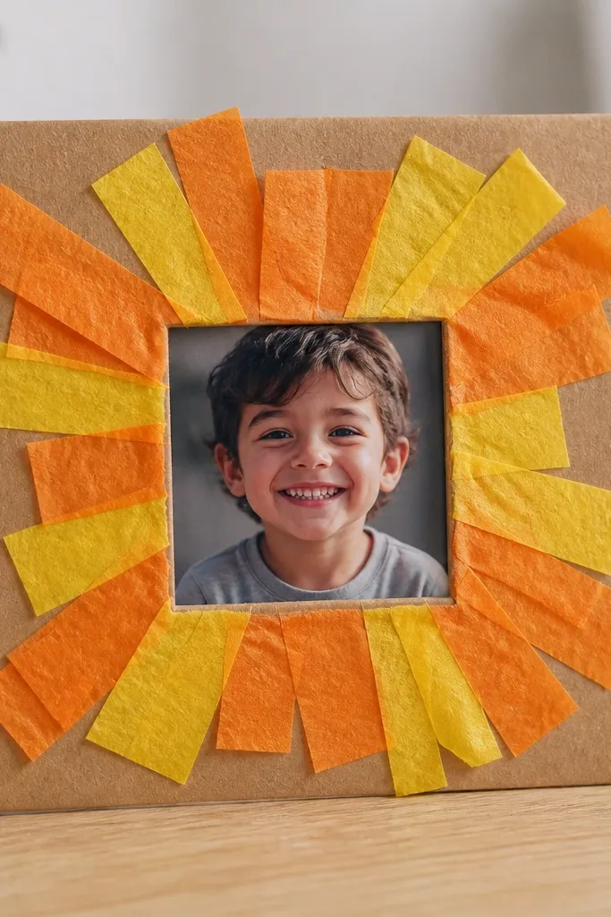 A small cardboard picture frame with a cut-out center holding a child’s photo, surrounded by tissue paper rays in yellow and orange, photographed on a desk.