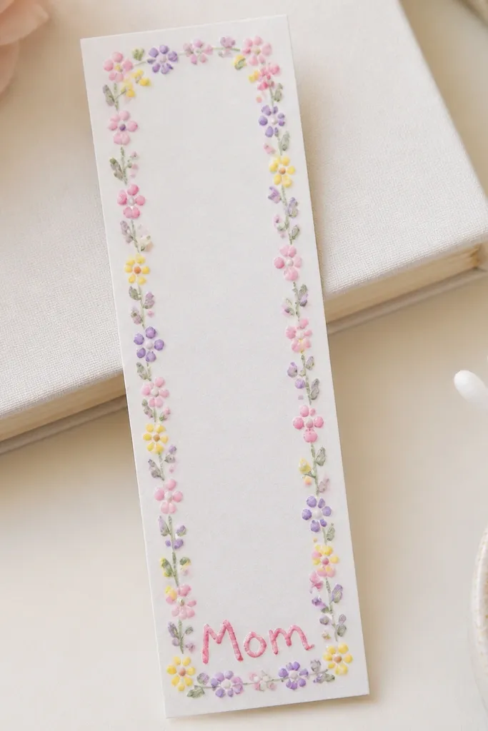 A long bookmark with a painted border of tiny flowers made with Q-tips in pink, purple, and yellow, with a simple “Mom” label at the bottom.