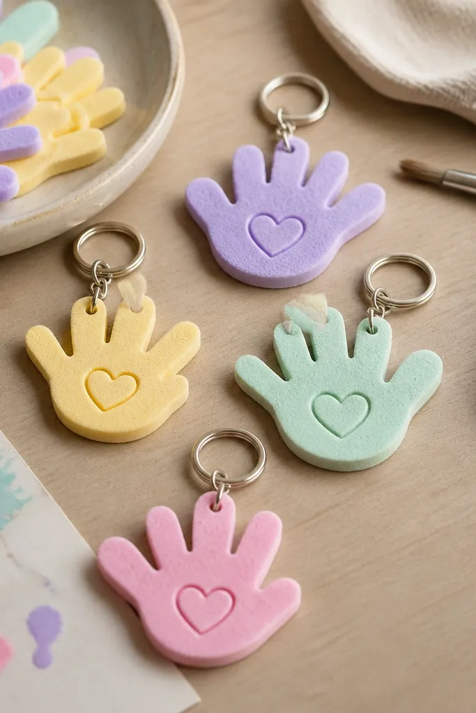 A set of small foam handprints in pastel colors attached to keychain rings, with a stamped heart and “Mom” text on each, laid on a craft table.