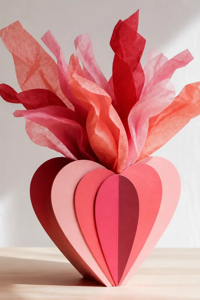 A heart-shaped vase made from layered color-block cardstock with tissue paper strips rising like flowers, photographed against a light background.