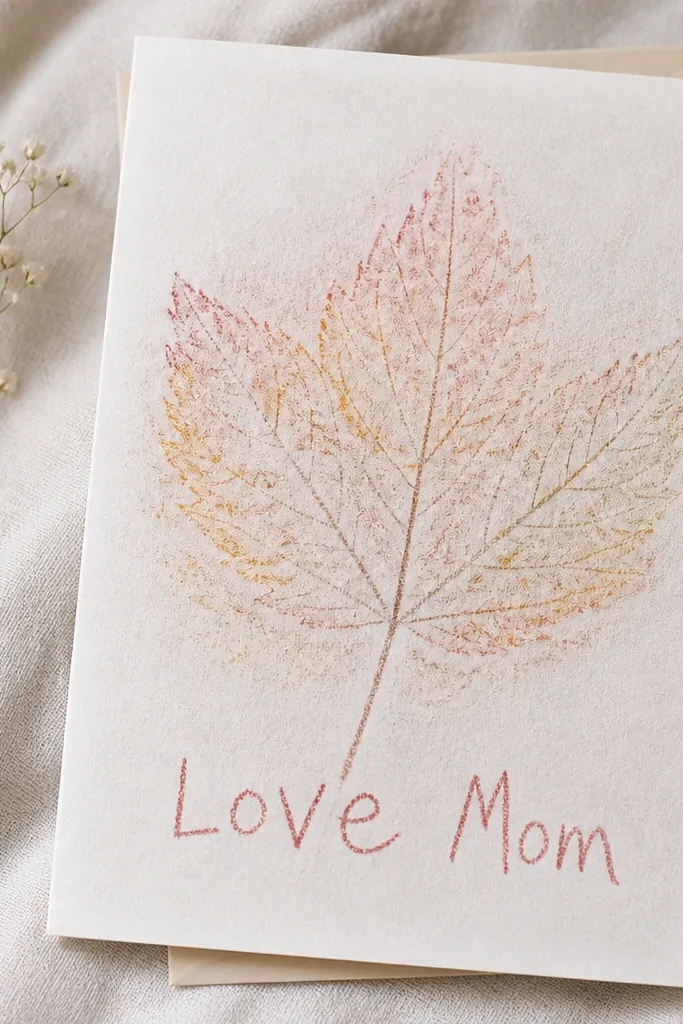A card with a pressed leaf placed under translucent paper, showing detailed leaf veins through crayon rubbing, with a handwritten “Love Mom” at the bottom.