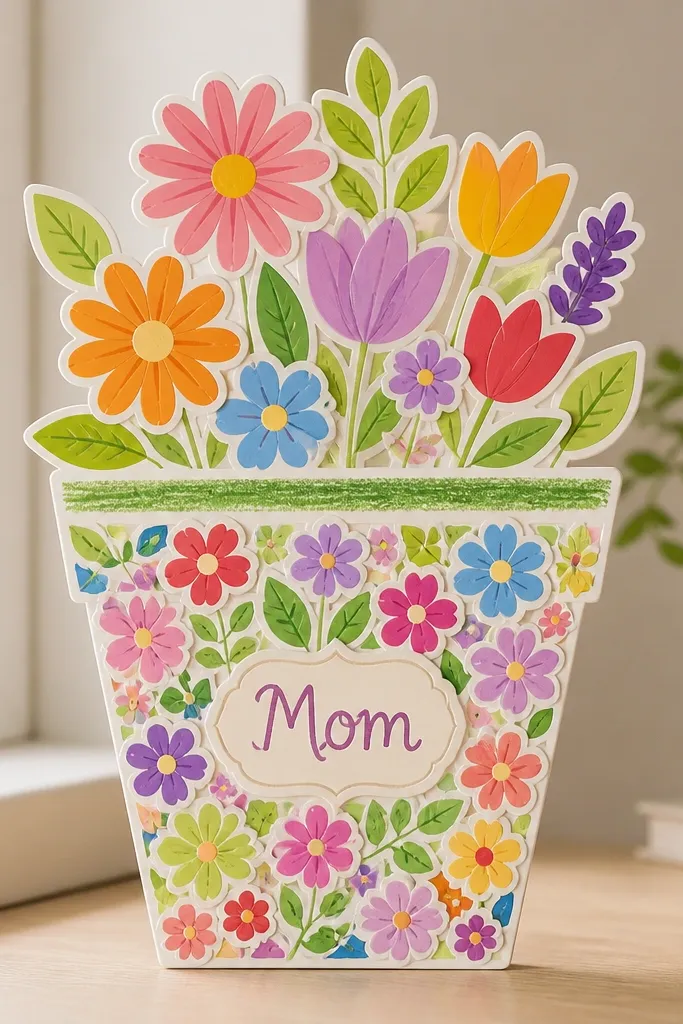 A flower pot shape filled with colorful flower and leaf stickers arranged in a mosaic pattern, with a green crayon line for soil and a “Mom” label.